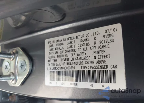 2008 Honda Accord 2.4 Lx-P из США, поврежденный, VIN JHMCP26468C003699